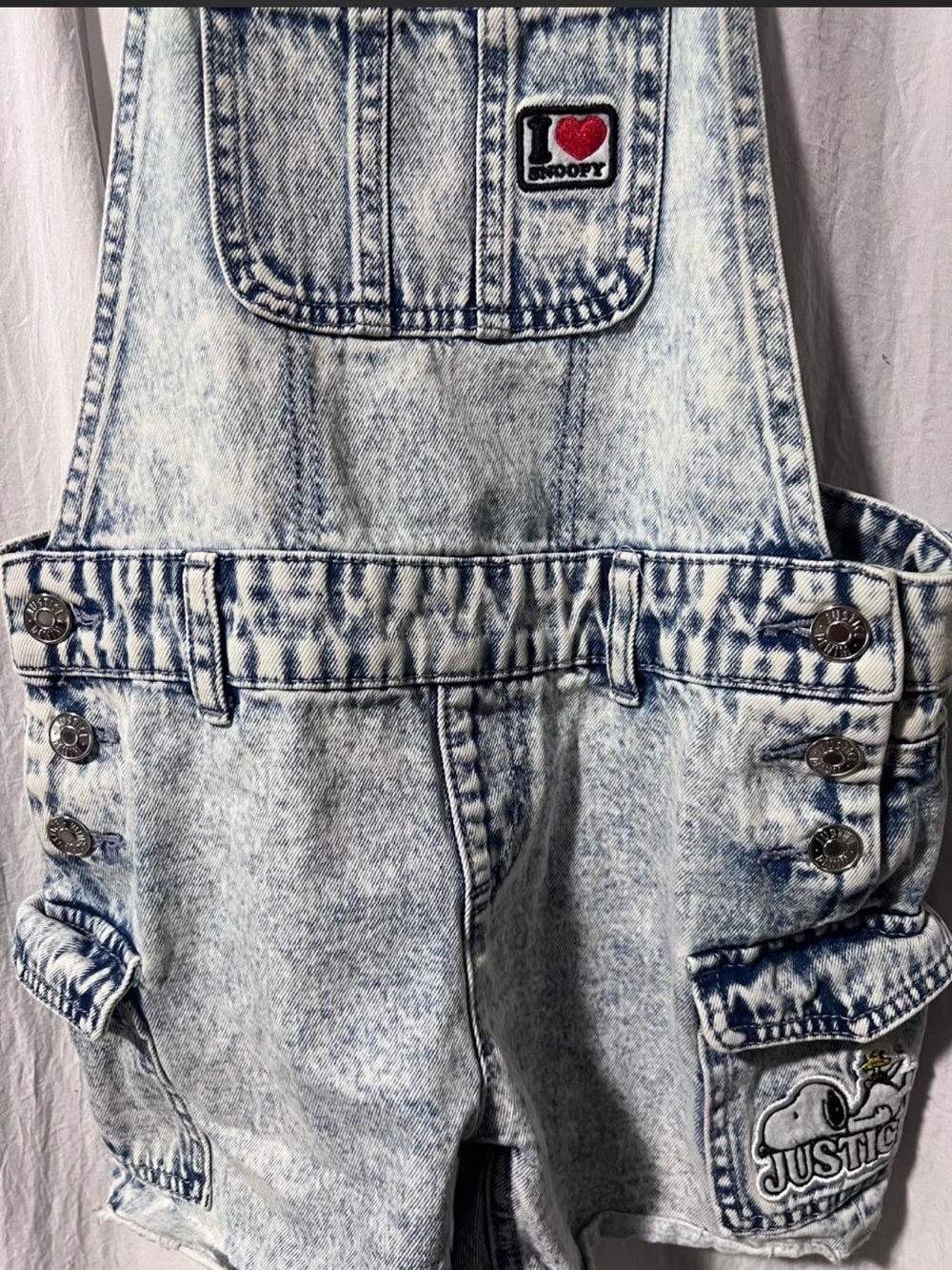 Justice Acid Wash Denim Overalls with Snoopy Patch